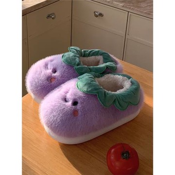 女士冬季毛絨絨全包跟茄子棉拖鞋可愛卡通家居防滑保暖月子軟底鞋