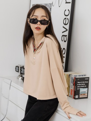 純棉彈性羅紋立領撞色織帶連帽長袖上衣