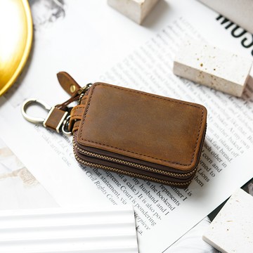 【BRAVOMART】經典雙層拉鍊瘋馬皮拉鏈鑰匙收納包 汽車感應扣收納 零錢包