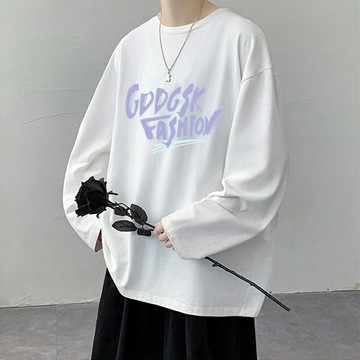 港風長袖打底衫男|大碼90公斤男t恤|ins潮牌印花上衣|寬鬆體桖|春秋季新款男生上衣|韓版潮流打底衫|圓領t恤男