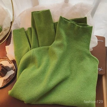 ✨桃園出貨✨ 綠色針織高領打底衫女 秋季新款內搭高領毛衣 高級感堆堆領修身長袖上衣 針織高領毛衣女 高領毛衣 毛衣