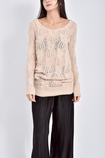 (S) 質感針織雕花長版長袖粉色毛衣