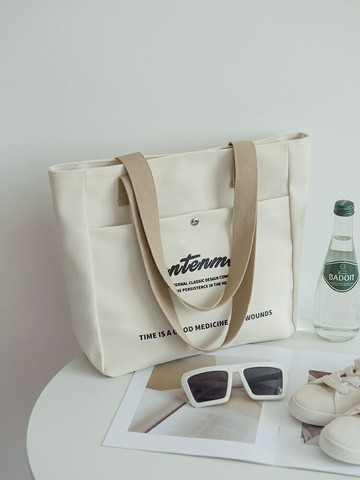 帆布大容量托特包肩背包 大容量帆布包女日系簡約時尚字母學生布包上課書包上班休閑單肩包