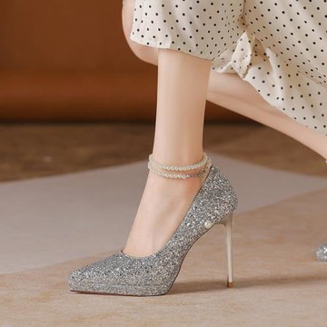 輕奢禮服高跟鞋女細跟珍珠鏈亮片防水臺婚鞋漸變尖頭婚宴扣帶淺口