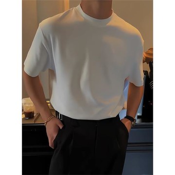 輕熟男士夏季高品質清爽冰絲液氨棉純色短袖t恤痞帥圓領半袖打底T