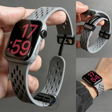 運動矽膠錶帶 Apple Watch S11 適用於10 9 8 SE全系列 折疊扣 透氣網孔硅膠錶帶 42 46mm
