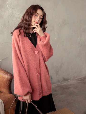 仿貂毛純色排釦長版上衣外套