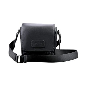 COACH黑色C LOGO緹花布拼接素面皮革上翻蓋斜背男包