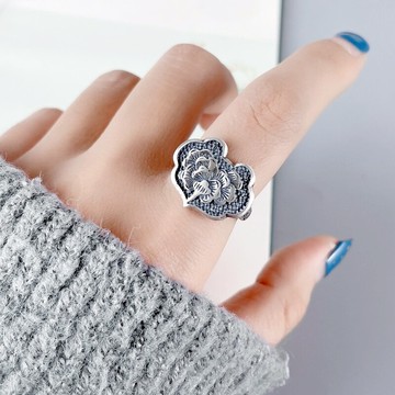 925純銀如意鎖戒指女活口個性食指民族風古典小眾設計轉運指環