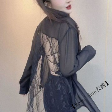 鏤空露背蕾絲拼接防曬襯衫女夏新款時尚寬鬆減齡長袖上衣百搭外套