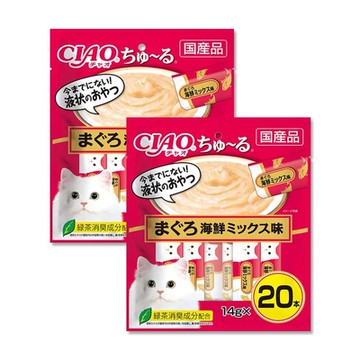 (2袋40入超值組)日本CIAO-啾嚕貓咪營養肉泥幫助消化寵物補水流質點心20入/袋(綠茶消臭,液狀毛孩零食獨立包裝)