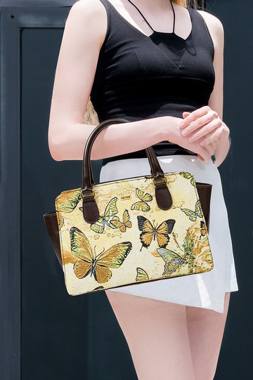 斜背手提兩用 真皮 / 布防潑水 平織緹花 戀蝶春紛金黃 芮娜