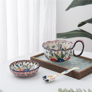 浪漫與歌 | 手繪釉下彩高溫瓷曲把碗家用網紅手柄碗高顏值面碗