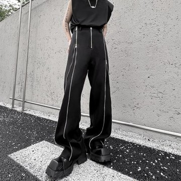 夏季小眾高級感vibe微喇西褲男直筒休閑褲雙拉鏈解構設計感長褲潮