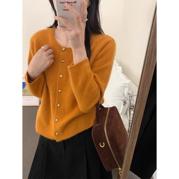 南瓜橘軟糯浣熊絨毛衣外套女秋冬高級感寬松圓領針織開衫氣質上衣