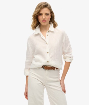 Superdry Women's Casual Linen Boyfriend Shirt White Size: 10