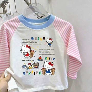 【臺灣出貨】秋冬新品女童長袖上衣 中大童韓版卡通拼接條紋插肩袖純棉長袖T恤女寶寶休閒秋裝打底衫潮 兒童衣服 兒童長袖上衣