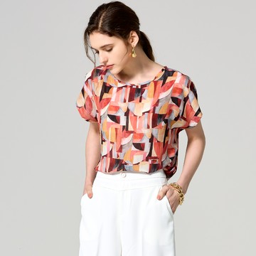 100%純蠶絲｜維耶拉秘境幾何印花設計上衣【MON'S 流行服飾】