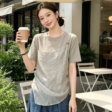 26505L_大尺碼女裝假兩件肚兜衫純棉T卹女2026夏季微胖MM獨特設計新款上衣