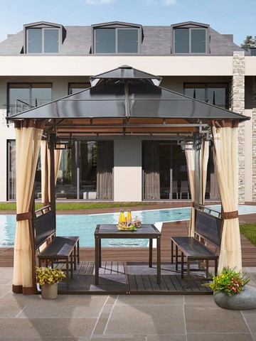 免運 可開發票 戶外帳篷 遮陽防雨涼亭陽光板防腐塑木帶桌椅組合 花園庭院別墅亭子