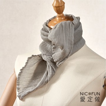 NicoFun 愛定做 魅力68 柳葉絲 灰色 淺灰色圍脖(四季可戴 領巾 圍巾 圍脖 頸巾 桑蠶絲巾 皺褶絲巾 真絲)
