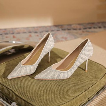 羊皮墊高跟鞋女細跟2024年新款尖頭水鉆珍珠氣質淺口單鞋8867