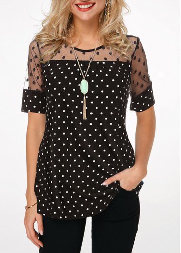 Short Sleeve Polka Dot Mesh Patchwork Blouse