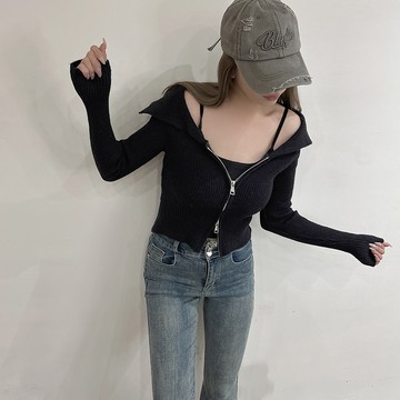 雙拉鍊翻領針織上衣-黑【KT224646】