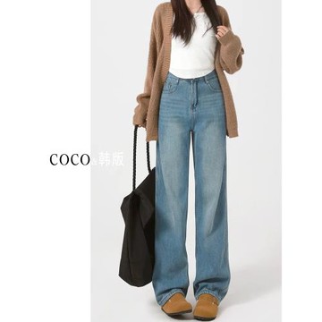 淺色直筒牛仔褲女2024年春季新款高腰顯瘦顯高加絨寬松窄版闊腿褲