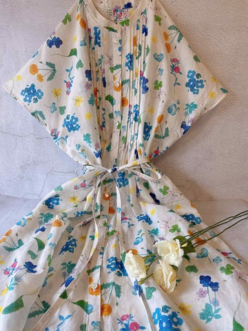 【快速出貨】棉麻細壓褶開襟垂袖小立領長版襯衫洋裝 繽紛春色