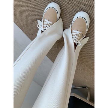白色針織闊腿褲女春秋新款加絨加厚高腰垂感休閑雪尼爾開叉拖地褲