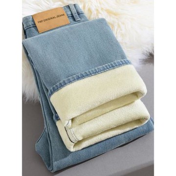 冬季加絨加厚直筒褲子女小個子厚絨闊腿2025新款秋冬加棉牛仔褲女