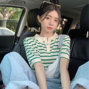 小香風冰絲針織條紋Polo衫短袖t恤女夏季ins潮設計感小眾打底上衣