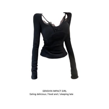 蕾絲拼接魚骨設計帶胸墊長袖T恤女春秋款純欲打底衫磨毛內搭上衣