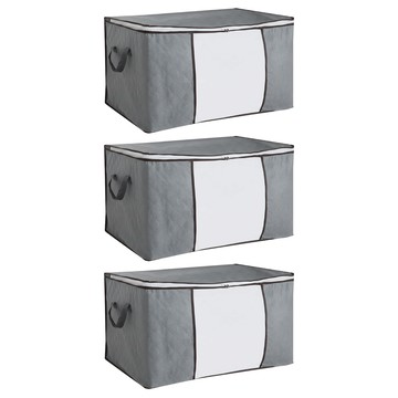 無紡布視窗衣物棉被收納袋 60x35x40cm 防塵 防潮 防蟲  灰色  3個