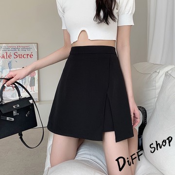 韓版高腰顯瘦不規則黑色開叉半身裙【P370】