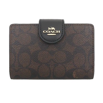 COACH 經典LOGO緹花皮革釦式皮夾中夾 深棕x黑色 CW786 IMXAQ