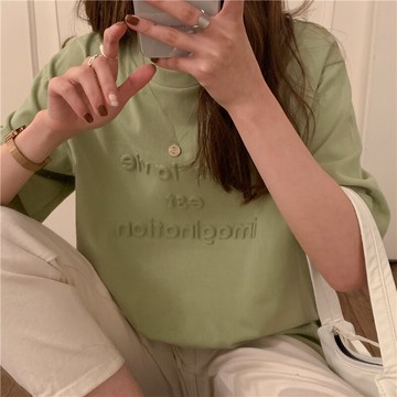 新款夏正肩短袖t恤女ins潮寬松顯瘦原宿百搭體恤半袖上衣