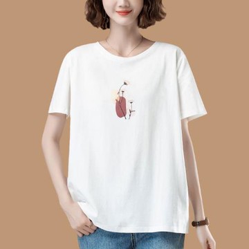 白色短袖t恤女加肥加大中老年媽媽夏天寬松純棉汗衫圓領印花上衣