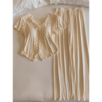 莫代爾睡衣女夏季短袖長褲兩件套薄款性感純欲風帶胸墊一體家居服