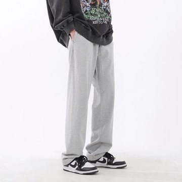 灰色重磅直筒衛褲男生春秋港風潮流寬松休閑長褲子純色百搭運動褲