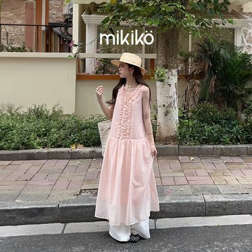 美木子｜洋裝｜預購｜法式粉色無袖連身裙 木耳邊背心裙 甜美顯瘦度假風長裙【1375】
