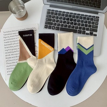 中筒襪 運動襪 幾何圖襪子  棉襪 襪子 休閒襪 潮流精梳棉AB襪 男女運動幾何情侶襪  2386AB