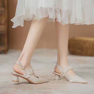 法式高跟鞋女2025年新款夏季百搭后空單鞋子淺口尖頭粗跟包頭涼鞋