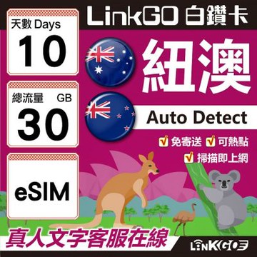 LINKGO白鑽卡 紐澳 eSIM卡 10天上網卡 總流量30G 高速流量(紐澳網卡 紐西蘭 澳洲 虛擬卡)