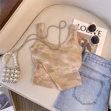 美式復古帶胸墊扎染針織吊帶背心女夏外穿甜辣妹短款抹胸內搭上衣