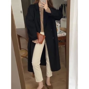 韓系黑色毛呢外套女早秋季2025年新款高級感小個子風衣中長款大衣