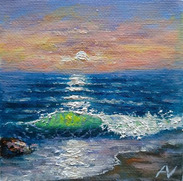 海洋夕陽迷你油畫，夜晚海灘原創藝術，海洋手作禮物