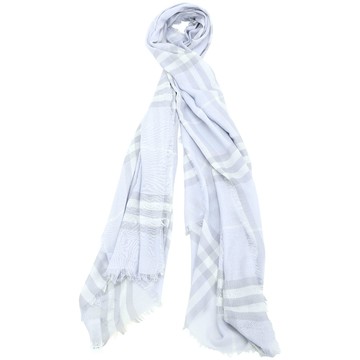 BURBERRY 巴寶莉 Check 經典格紋輕盈羊毛流蘇圍巾(200x90CM/薄霧藍)