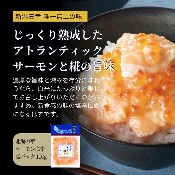 サーモン塩辛 100ｇ 海鮮 海鮮ギフト ご飯のお供 海鮮珍味 高級 おつまみ ギフト 自宅用 お取り寄せグルメ 新潟グルメ お土産 プレゼント 贈り物 北海の華